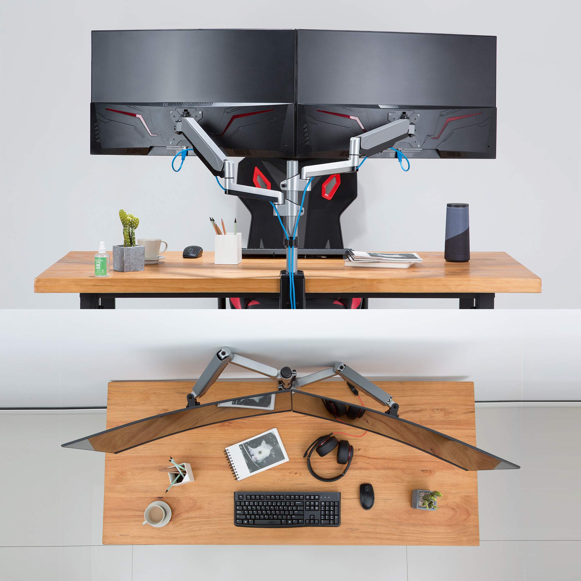 AVLT Dual 13-27 Inch Adjustable Monitor Arm for Two Flat or Curved Screens - Full Motion Height Swivel Tilt Rotation - VESA C-Clamp Grommet Mount with Cable Management - Perfect for Home Office Gaming and Workspace Setup
