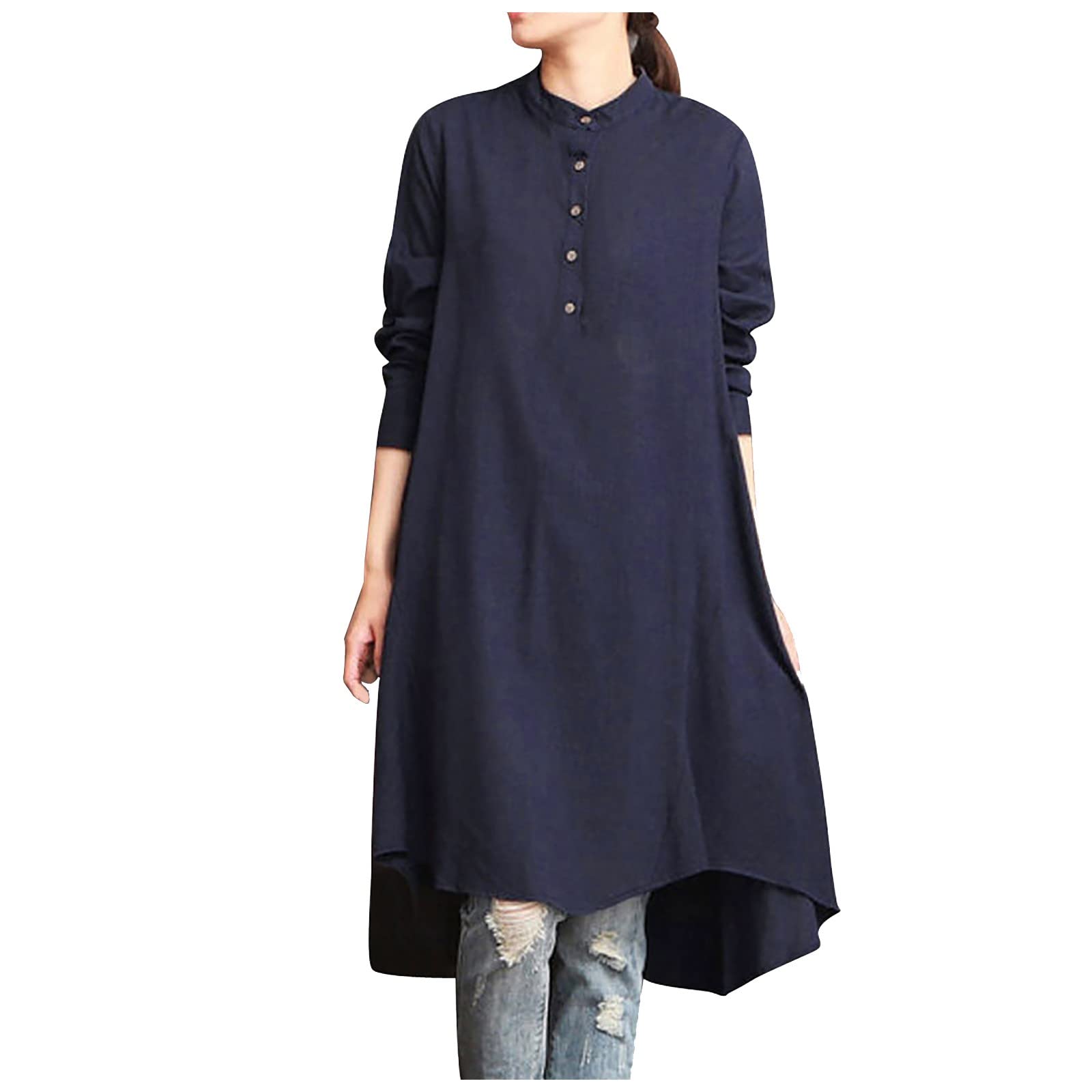 Women's Long Sleeve Crewneck Button Down Blouse - Casual High Low Tunic Top & Maxi Dress for Work, Date Night & Everyday Wear