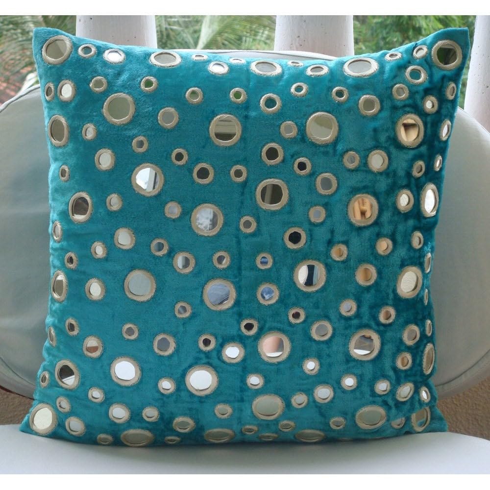 Turquoise Blue Velvet Throw Pillow Covers 18x18 Inch - Geometric Mirror Design Square Cushion Cover for Sofa, Bed & Home Decor - Aqua Reflections Collection
