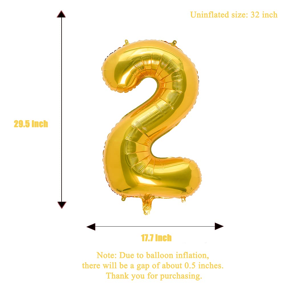 32 Inch Gold Number 2 Foil Balloon for Birthday Party Decorations - Large Metallic Two Balloon for Anniversary, Graduation, Baby Shower & Celebration Decor
