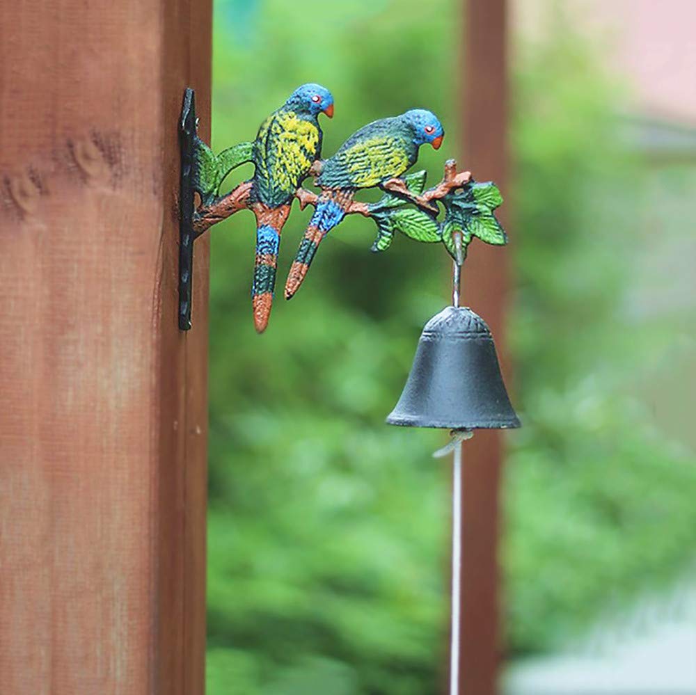 Hand-Painted Cast Iron African Parrot Bell with Pre-Drilled Holes - Durable Outdoor Decoration for Garden, Shed, Fence & Patio Decor