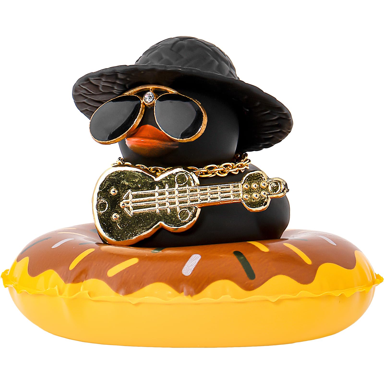 Wonuu Rubber Duck Car Dashboard Decoration - Mini Hat, Necklace, Sunglasses & Musical Instrument Accessories - Black with Sun Hat & Donut - Fun Car Ornament for Dashboard, Office Desk, Gift for Duck Lovers