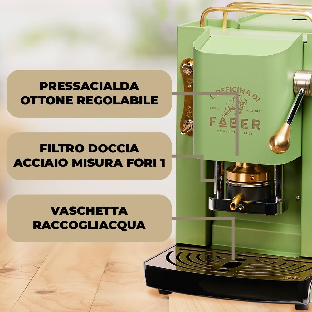 Faber Pro Deluxe Coffee Machine - ESE 44mm Single Serve Espresso Maker with Brass Coating, Adjustable Brass Capsule Press & Standard Solenoid Valve (Neon Green) - Perfect for Home & Office Use