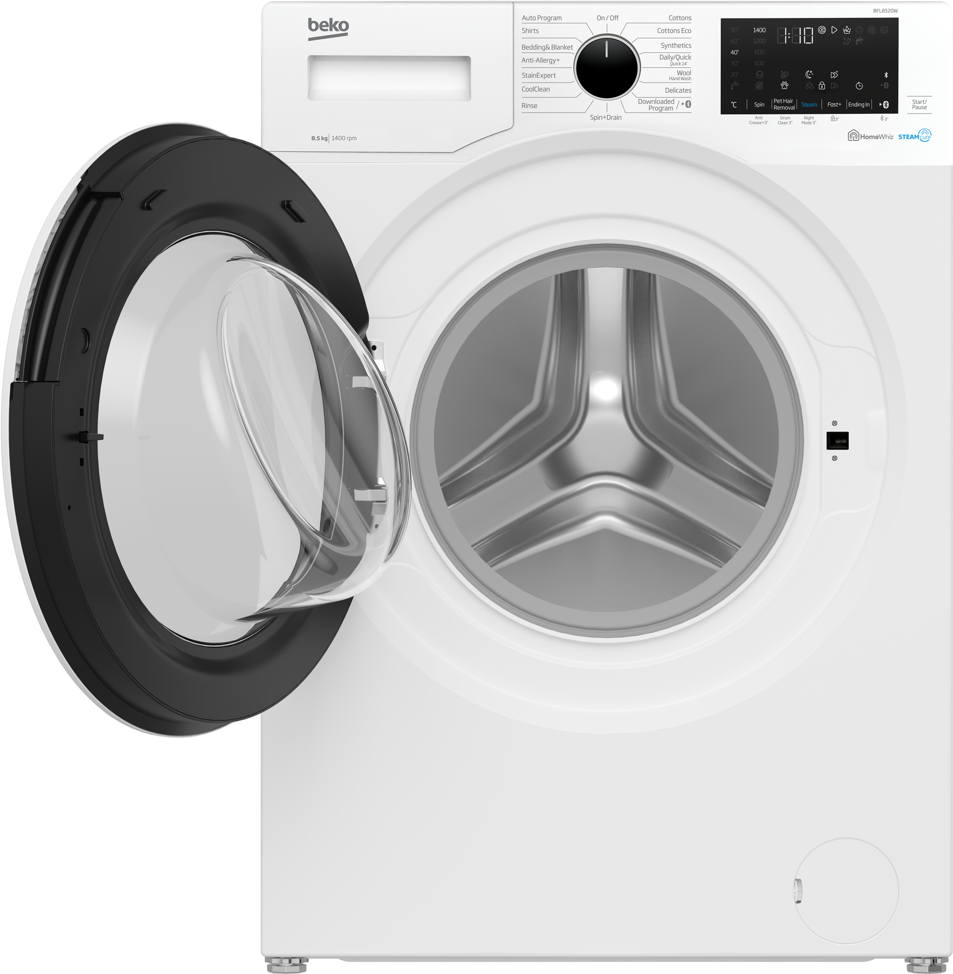 Beko 8.5kg Front Load Washing Machine with SteamCure Technology & Bluetooth Connectivity BFL8520W - Perfect for Small Apartments, Laundry Rooms & Smart Homes