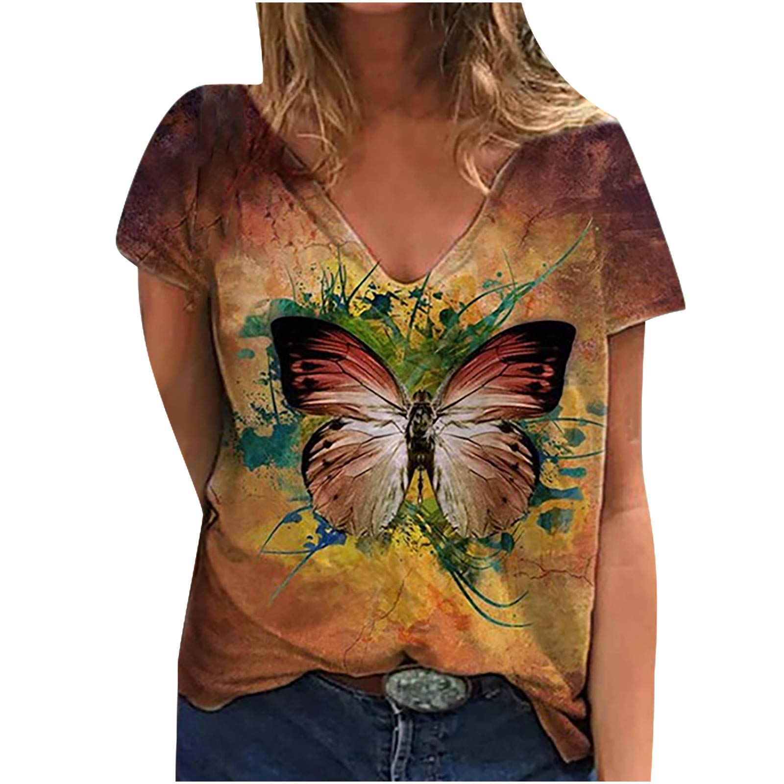 Stylish Women's Floral Print V-Neck Short Sleeve Loose T-Shirt - Casual Summer Blouse for Outings & Daily Wear (Yellow, Medium)