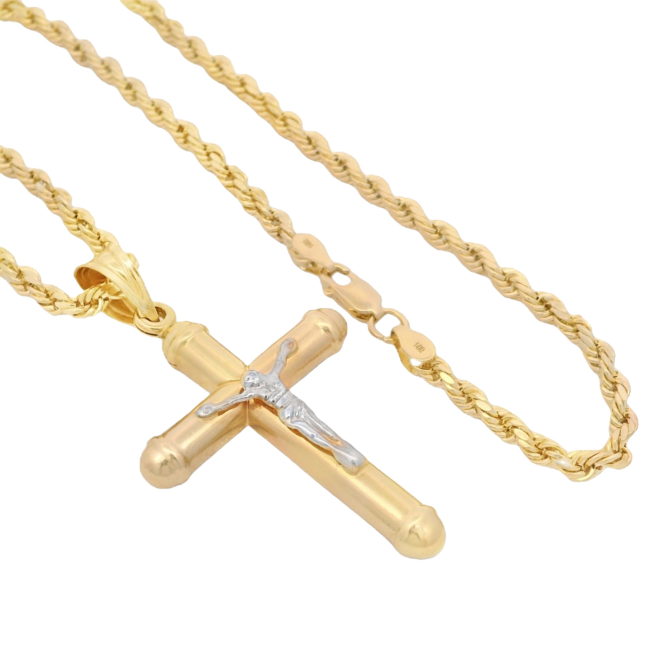14K Gold Cross Pendant with Hollow Rope Chain - 22 Inch Religious Jewelry for Men & Women - Perfect for Gifts, Church, Weddings & Everyday Wear | JTJ™