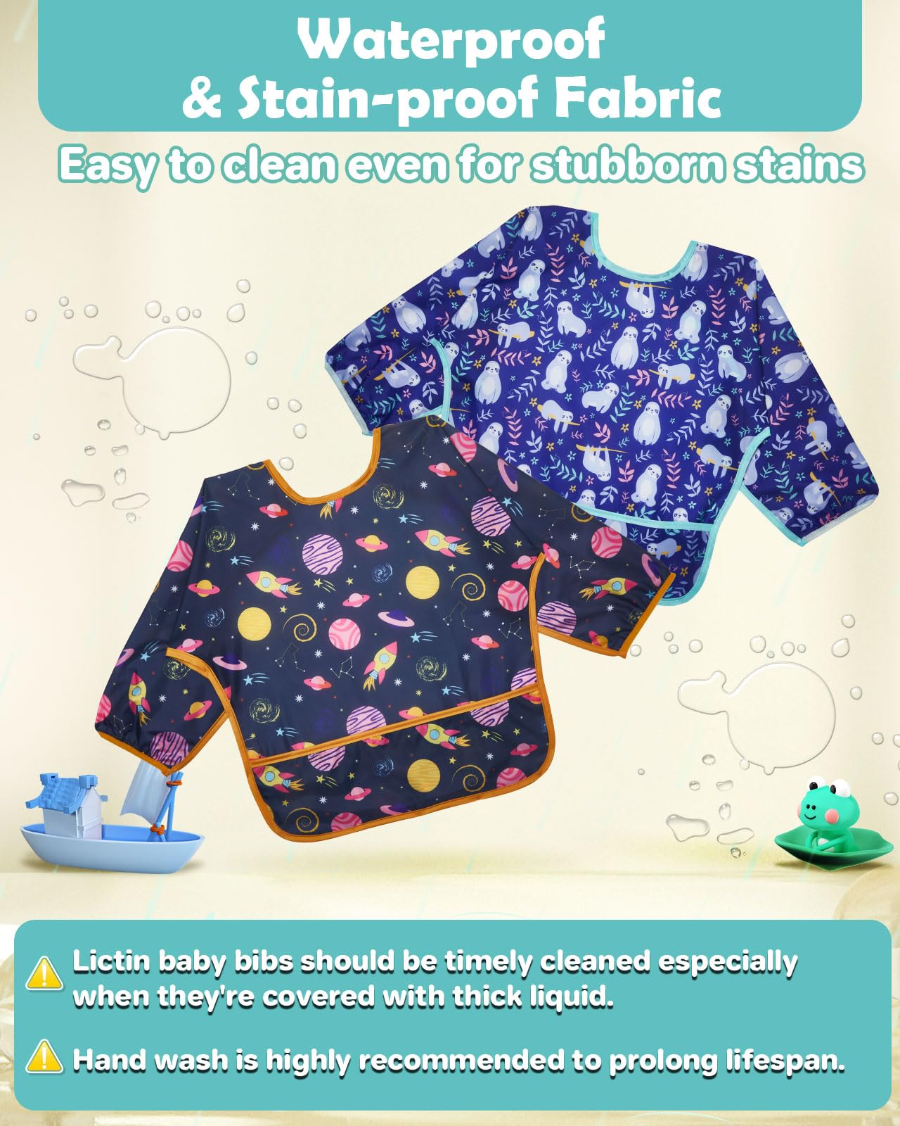 Lictin 3 Pack Baby Bibs for Boys & Girls - Waterproof Long Sleeve Toddler Bibs with Cute Designs - Perfect for Feeding, Mealtime & Messy Play