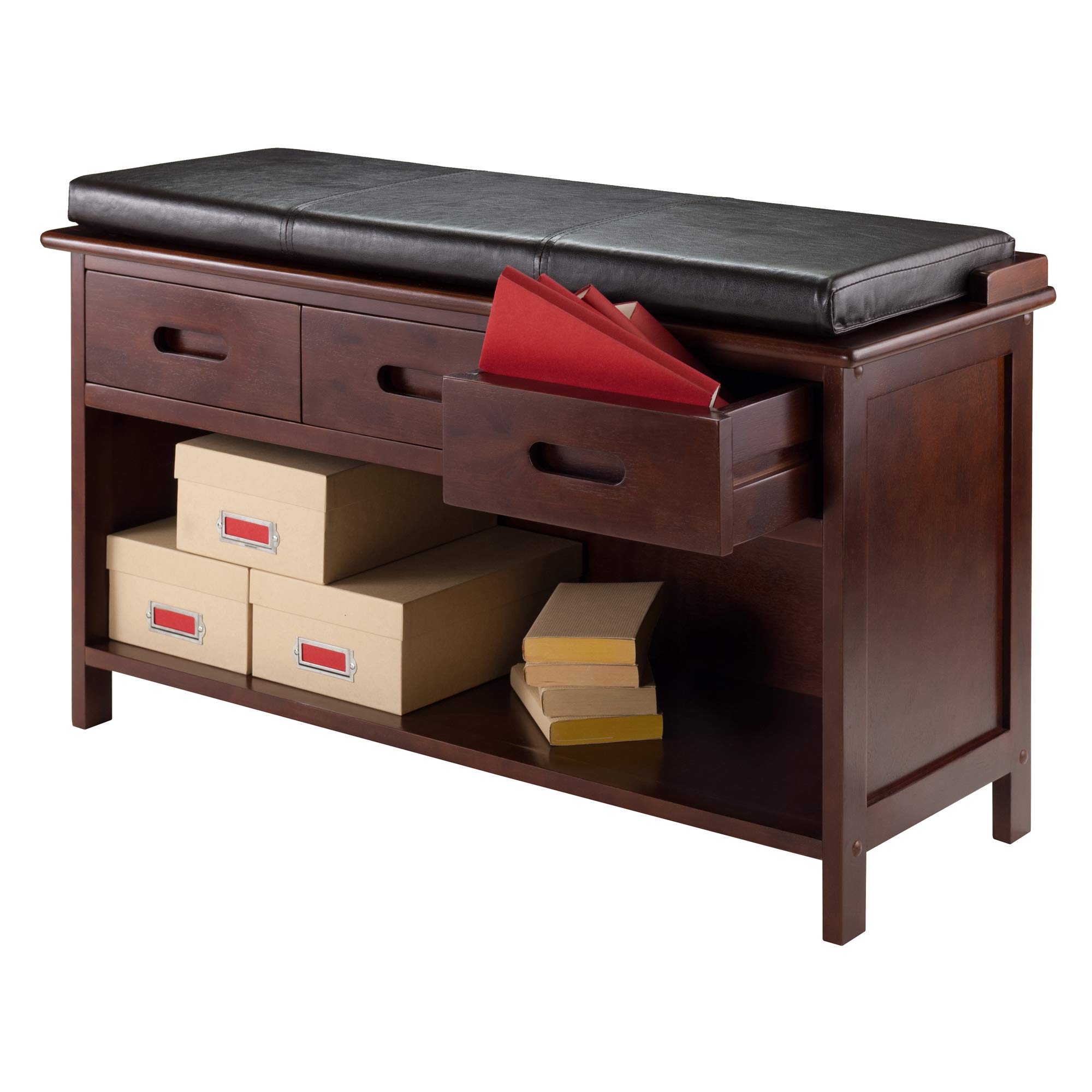 Winsome Adriana Bench with Seat Cushion - Solid Walnut Wood Entryway Bench for Hallway, Bedroom, or Living Room