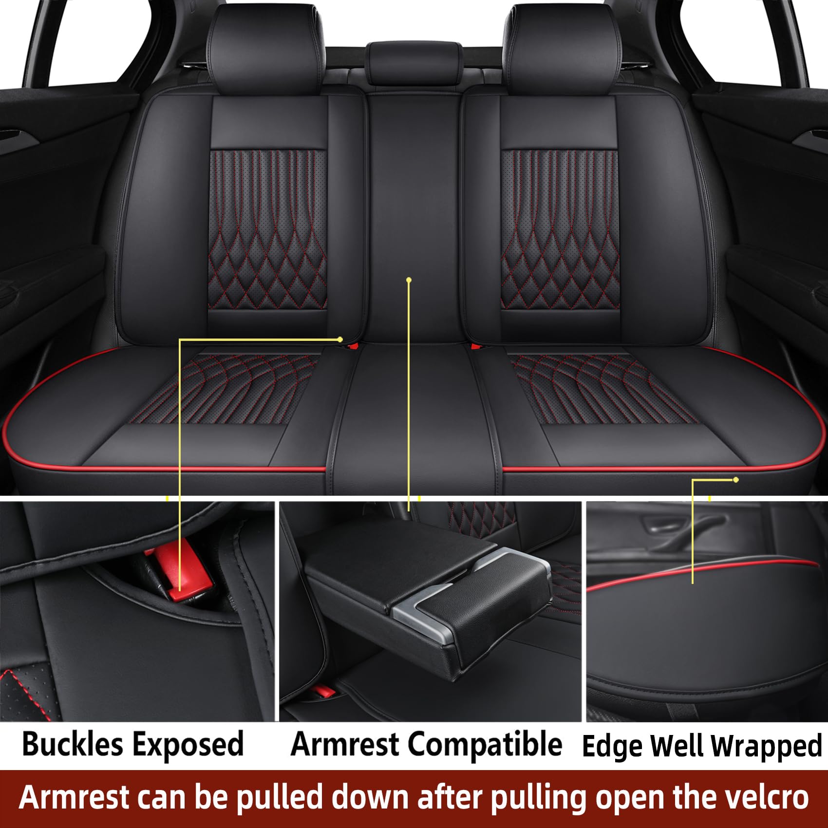 Premium Faux Leather Car Seat Covers Full Set - Universal Fit for Most Sedans & SUVs | Super Breathable, Full Wrapping Edge with Storage Bags | Red & Black | Perfect for Daily Commute, Road Trips & Family Travel
