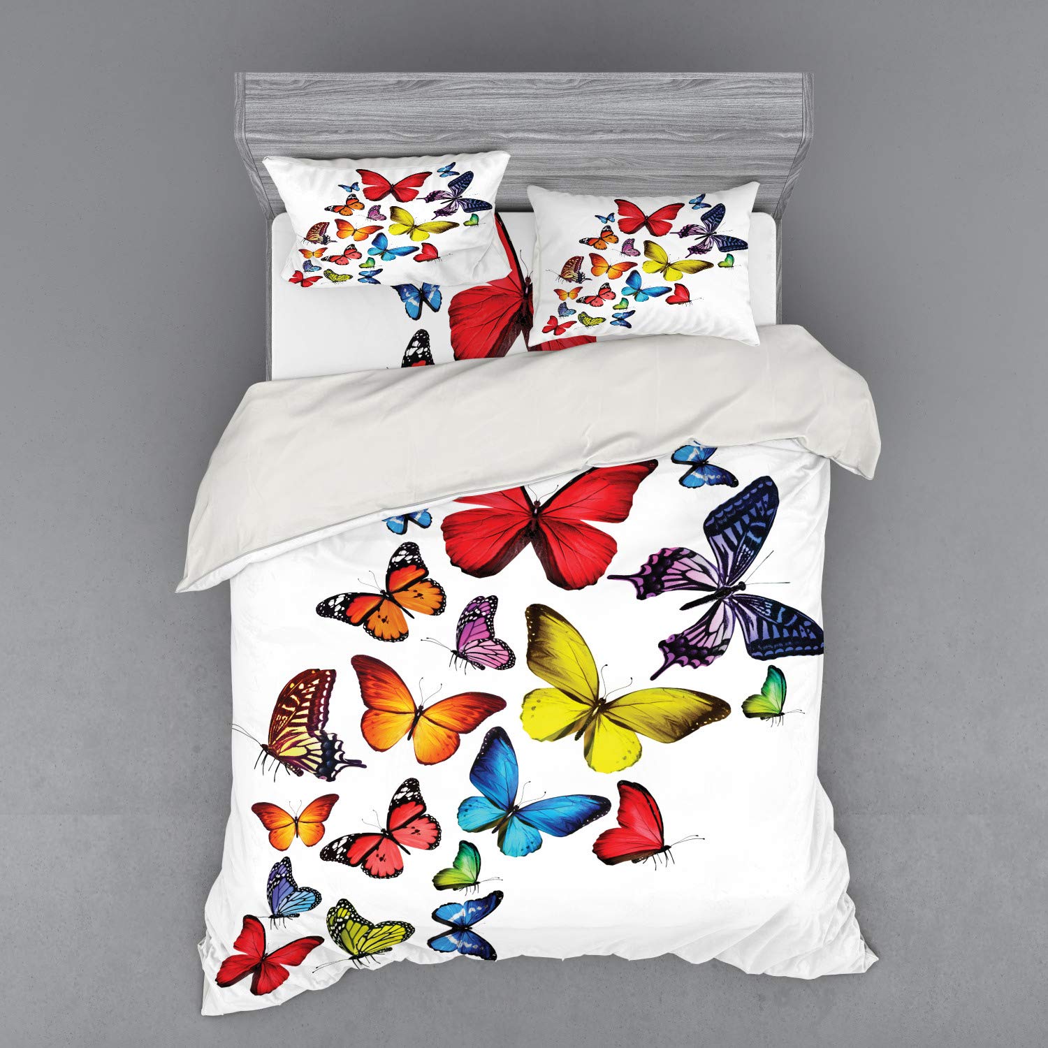 Ambesonne Butterflies Duvet Cover Set - 4 Piece Queen Size Bedding with Shams & Fitted Sheet, Multicolor Floral Design with Wildflowers & Trees - Perfect for Romantic Bedrooms, Guest Rooms & Nature-Themed Home Decor