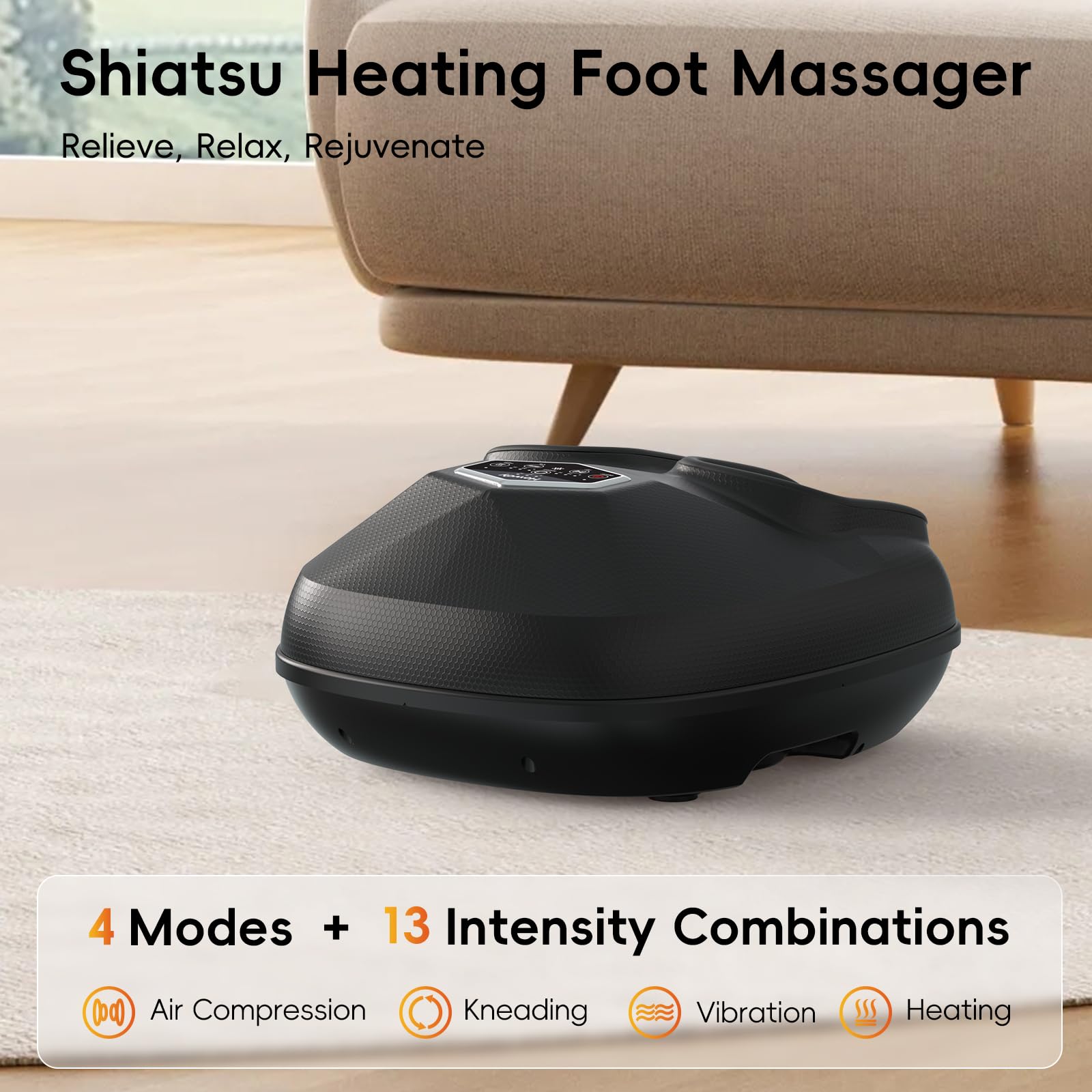 Premium Shiatsu Foot Massager with Heat & Air Compression - Deep Kneading Therapy, 3 Adjustable Intensity Levels - Perfect Gift for Men & Women (Fits US Size 12) - Includes Washable Covers & Travel Bag - Ideal for Home/Office Use & Post-Workout Recovery