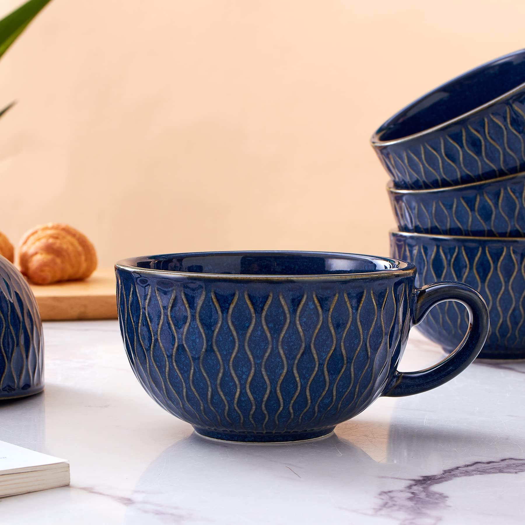 6-Pack Vintage Embossed Blue Ceramic Coffee Cups - 12 oz Professional Barista Latte Art Cappuccino Mugs Set for Home, Cafe & Restaurant Use