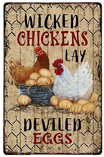 Vintage Metal Tin Sign - Wicked Chickens Lay Deviled Eggs Retro Iron Wall Art Decor | 8x12 Inch Rustic Farmhouse Kitchen & Bar Decor | Perfect for Indoor & Outdoor Use, Holiday & Home Decoration
