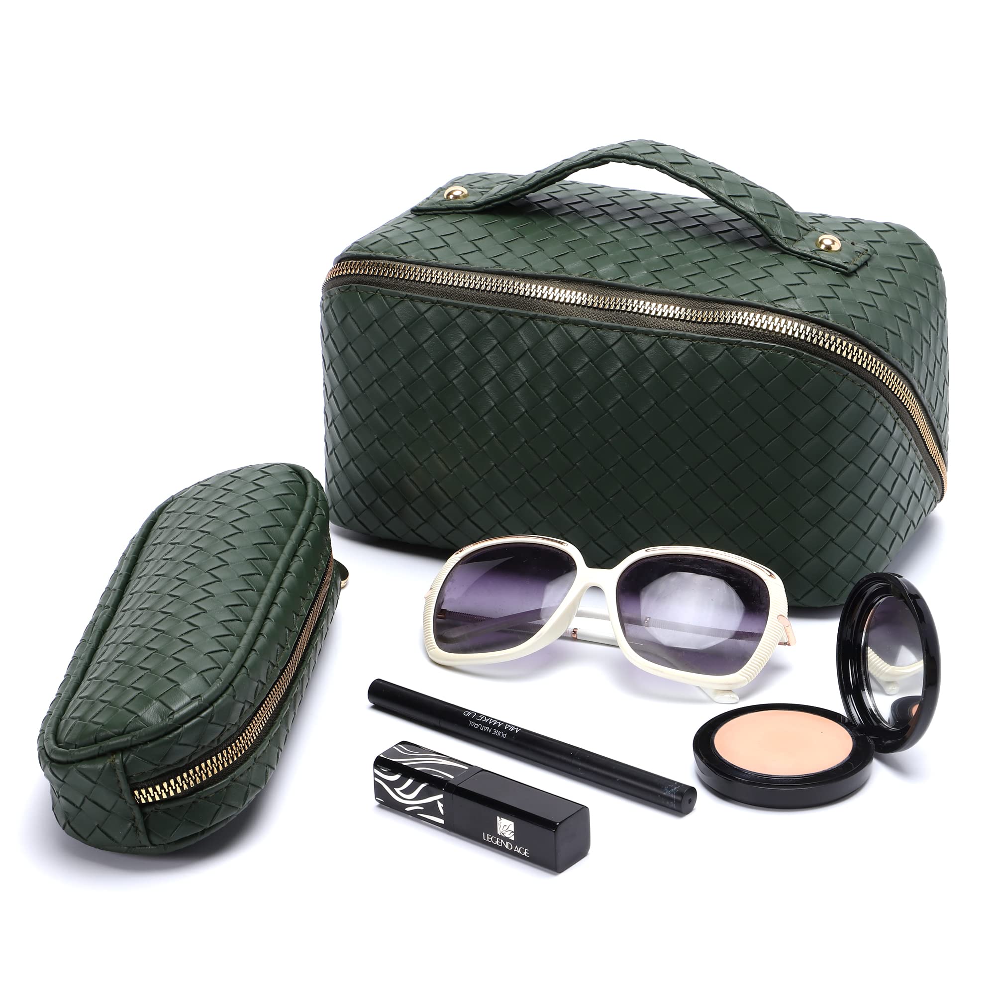 Travel Makeup Bag for Women - 2 Pack Large Leather Cosmetic Organizer Pouch with Wide Opening for Toiletries, Brushes & Accessories | Perfect for Vacation, Gym & Daily Use | Green