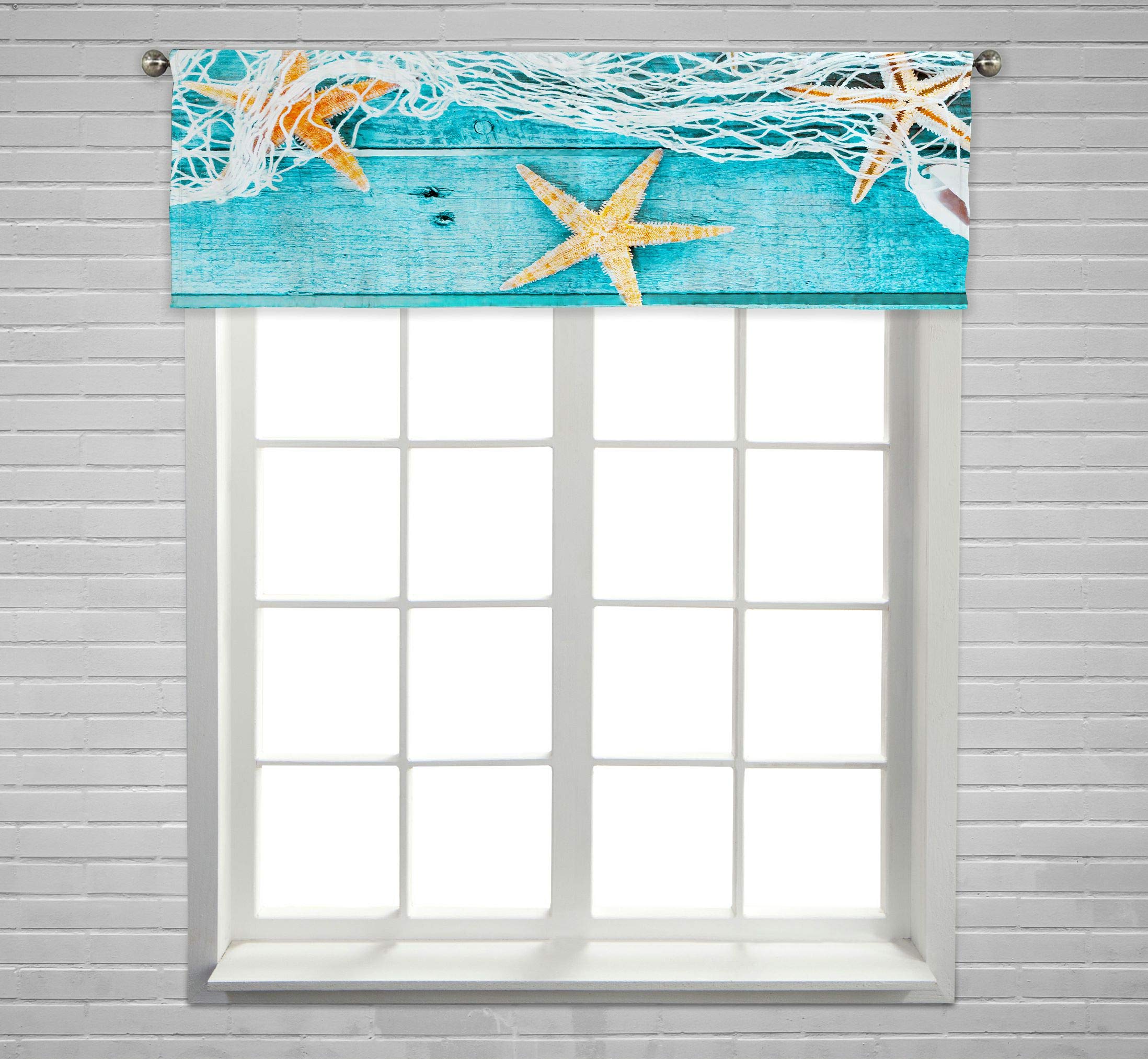 ABPHQTO Turquoise Fishing Net Starfish Rustic Wooden Boards Window Valance - 54x18 Inch Rod Pocket Curtain for Coastal, Beach House & Farmhouse Decor