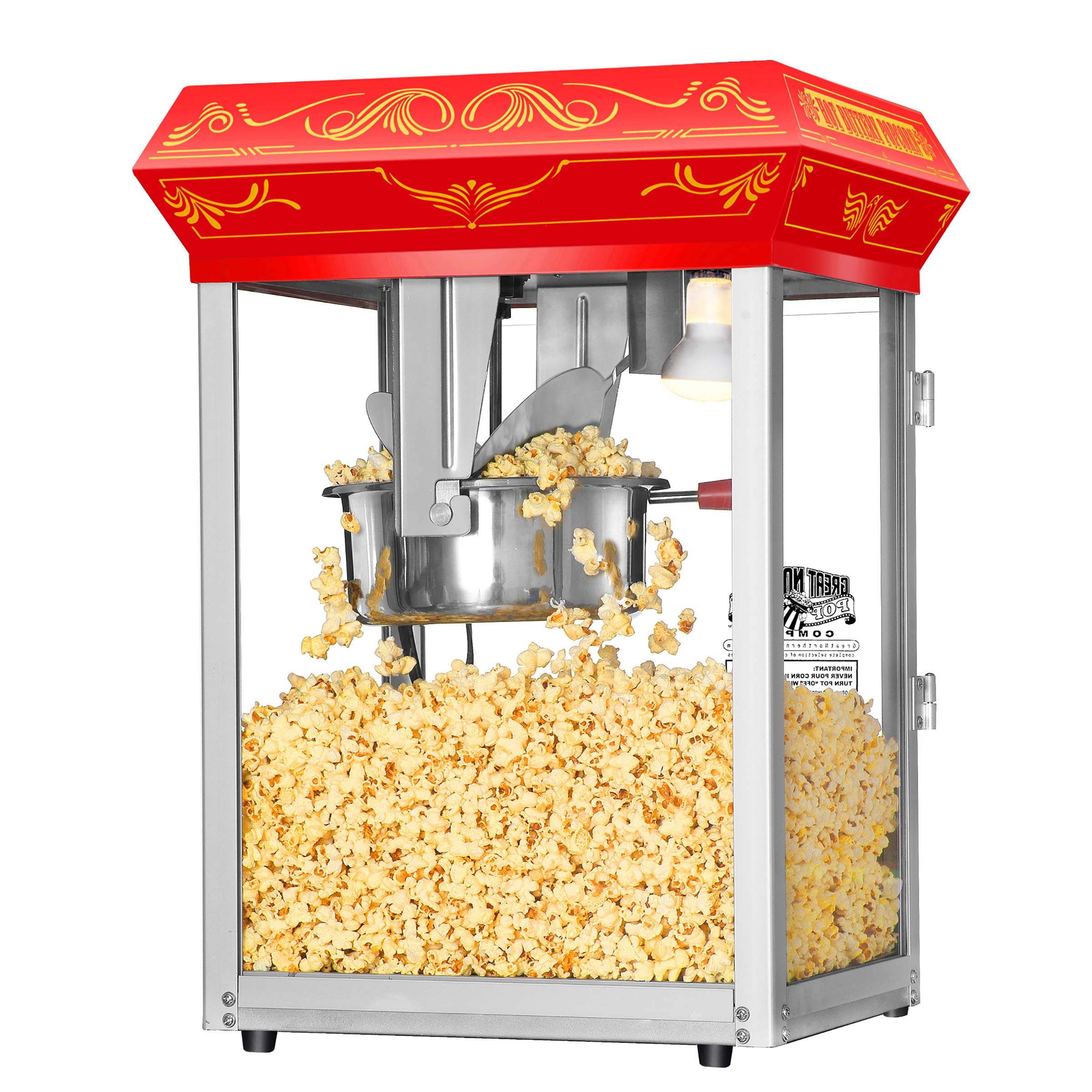 Great Northern Popcorn 3-Gallon Commercial Popcorn Machine with Steel Kettle, Warming Tray & Scoop - Red Home Theater Style Popcorn Popper for Movie Nights, Parties & Concession Stands