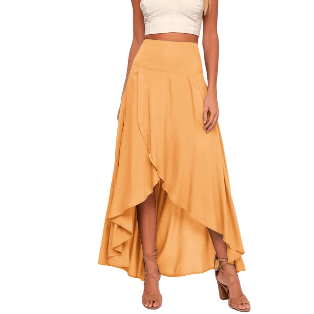 Zwurew Women's High-Low Wrap Maxi Skirt - 2023 Summer Trendy High Waisted Flowy Pleated Long Skirt for Beach, Vacation & Casual Outfits