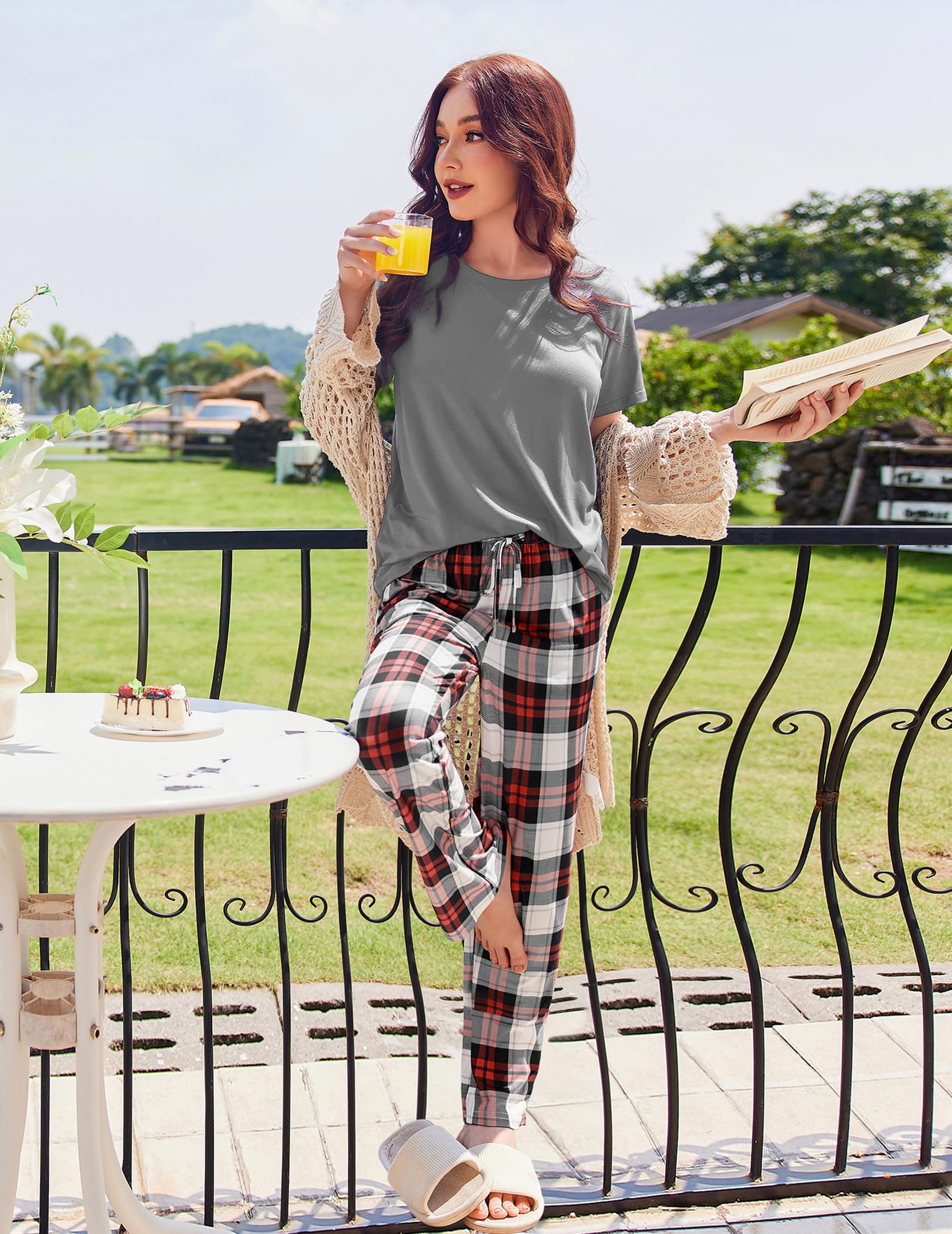 Ekouaer Women's Pajama Sets - 2 Pack Short Sleeve Sleepwear with Pockets, 4 Piece Lounge Pjs Set for Nightwear & Relaxing at Home