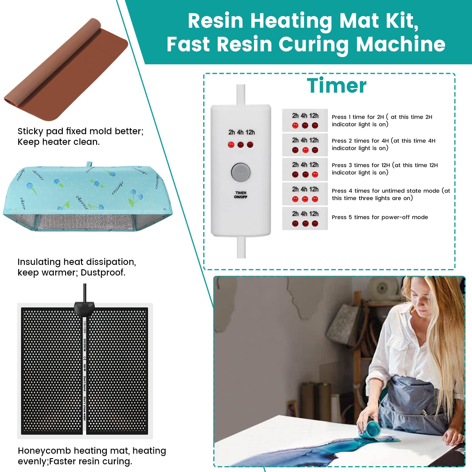 Epoxy Heating Mat with Timer & Cover - Fast Curing Drying Warming Machine for Resin Molds - Perfect for DIY Crafts, Jewelry Making & Art Projects