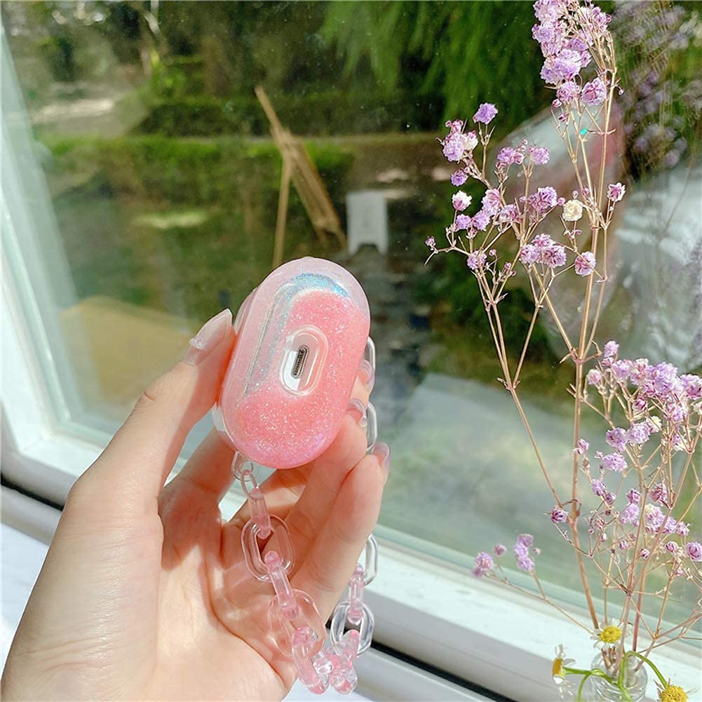Cute Kawaii Clear Liquid Sequins AirPods 3 Case - Hard Protective Cover with Color Chain for Wireless Charging | Bunny Peach Design for Teens Girls & Women | Perfect for School, Travel & Everyday Use