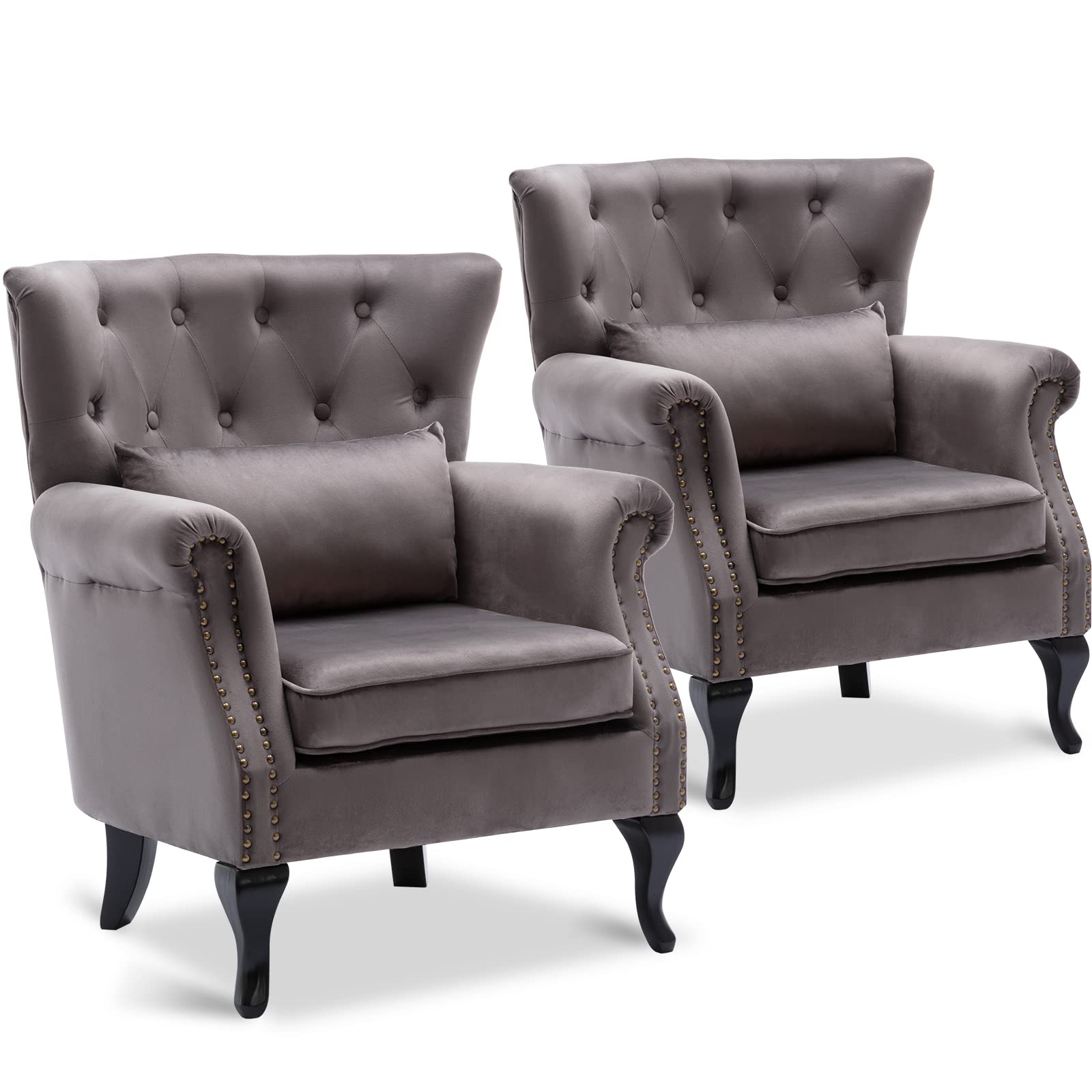 Midcentury Modern Accent Reading Arm Chairs Set of 2 - Velvet Grey Wingback Club Chairs with Button Tufted Back & Lumbar Pillow for Living Room, Bedroom, Office Waiting Area | Perfect for Reading Nooks, Lounge Spaces & Cozy Corners