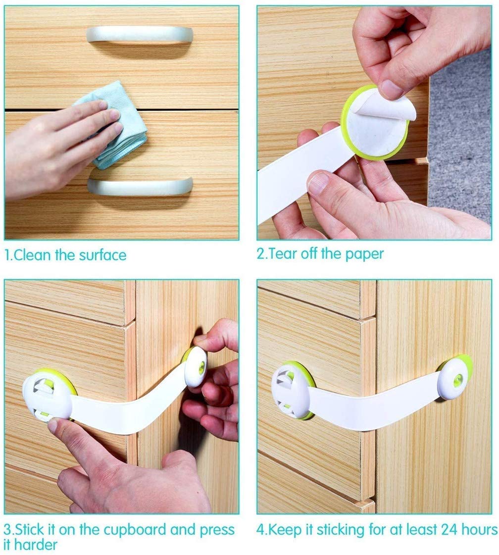 Child Safety Locks 5-Pack - Strong Adhesive Baby Proof Cabinet Locks for Kitchen Cabinets, Drawers, Fridge, Oven & Appliances - Secure Closet, Trash Bins & More - Eco-Friendly Green (Perfect for Baby Proofing Homes & Child Safety)