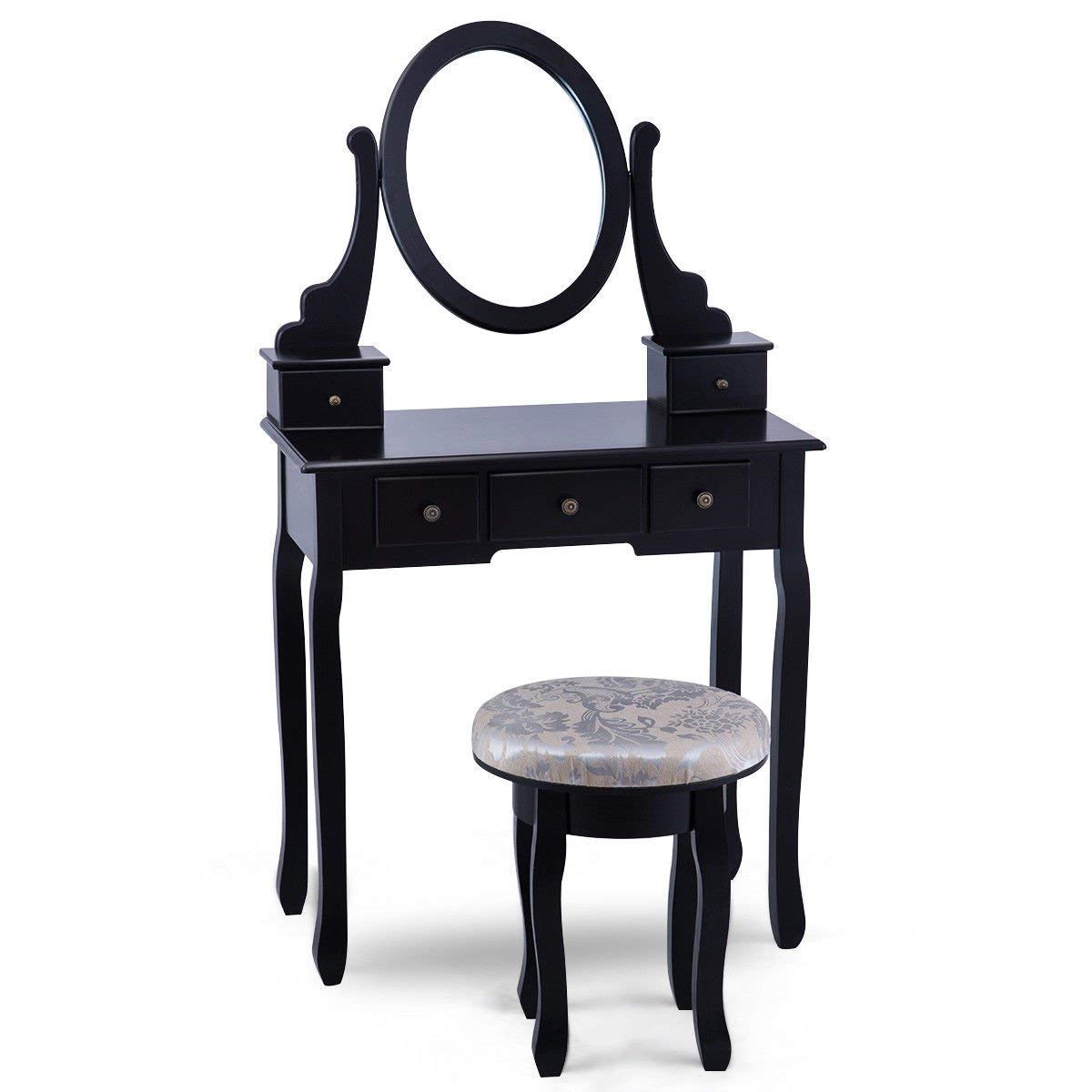 Casart Vanity Makeup Table Set with Cushioned Stool & 360° Swivel Mirror - 5-Drawer Dressing Table for Bedroom, Black Wooden Vanity Set - Perfect for Makeup, Skincare & Jewelry Organization