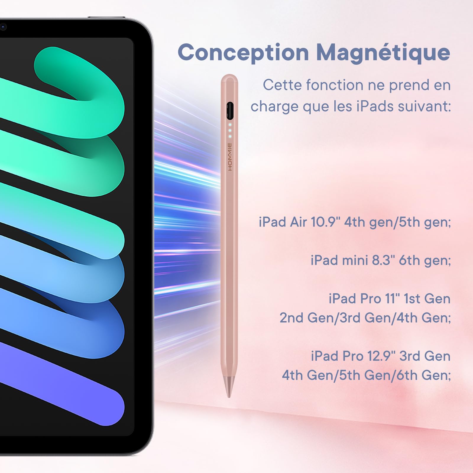 Hommie Stylus Pen for iPad (2018-2023 Models) - Rechargeable Magnetic Apple Pencil Alternative with 3 LED Indicators & Palm Rejection - Compatible with iPad 6/7/8/9, Mini 5/6, Air 3/4/5 & Pro 11/12.9 Inch (Rose Gold) - Perfect for Drawing, Note-Taking & Digital Art