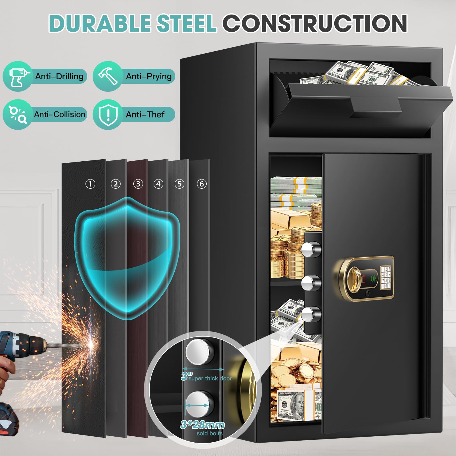 6.7 Cu Ft Fireproof Cash Deposit Safe Box - Digital Keypad, Anti-Theft Design with Deposit Slot & Spare Keys - Heavy Duty Business Safe for Retail Stores, Restaurants & Home Security (Fireproof, Burglary Protection)
