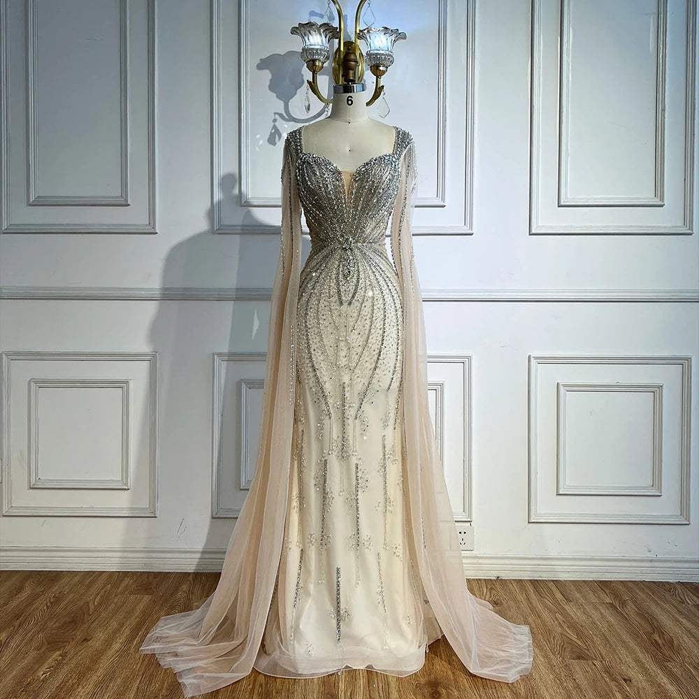 Elegant Beige Beaded Evening Dress with Cape Sleeves - LA72992 | Formal Gown for Prom, Wedding & Special Occasions
