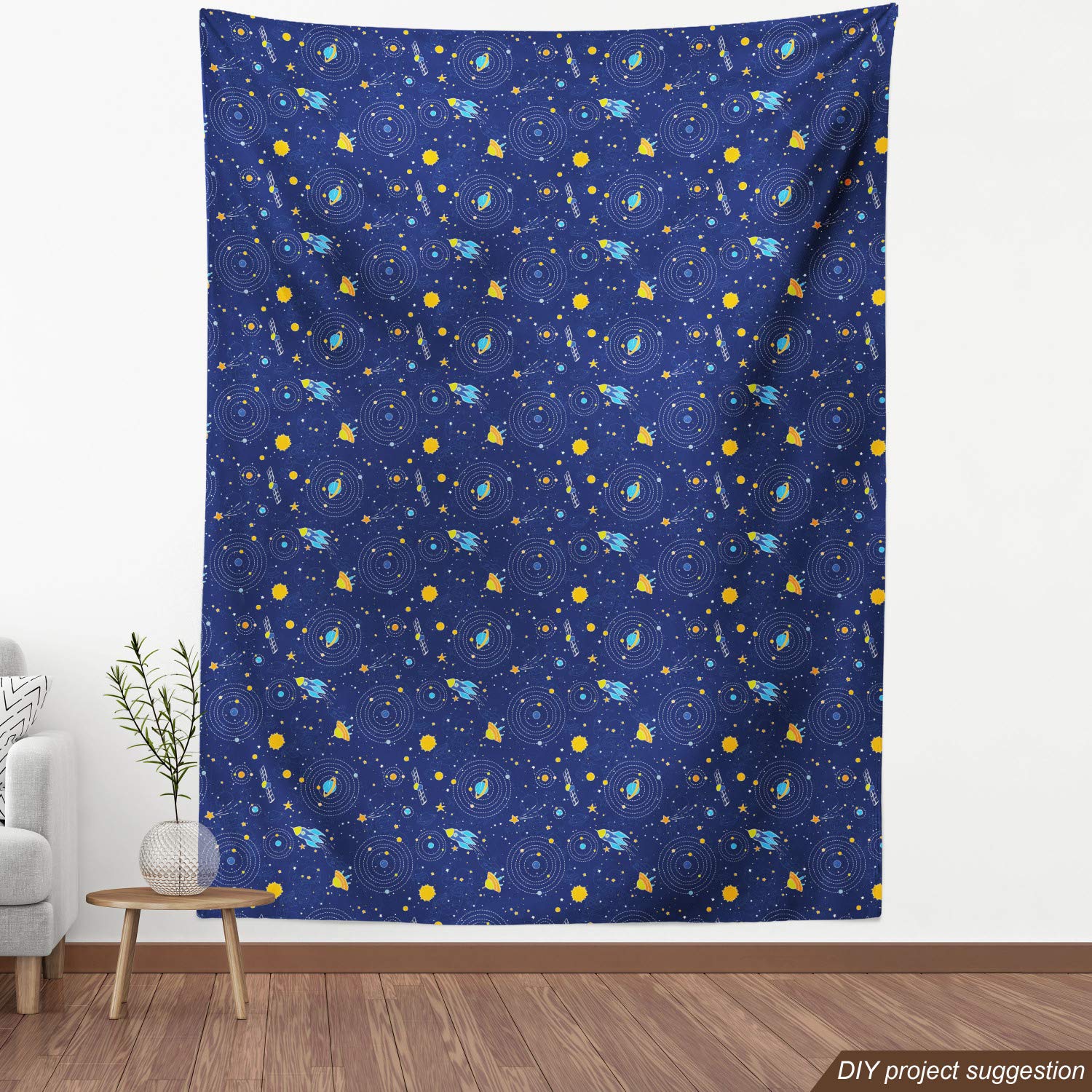 Ambesonne Galaxy Space Fabric by The Yard - Shooting Stars, Planets, Spaceship, Comet & Moon Fantasy Print - Decorative Upholstery Fabric for DIY Home Decor, Curtains, Pillows & Craft Projects - 10 Yards, Orange & Dark Blue - Perfect for Bedroom, Living Room & Space-Themed Parties