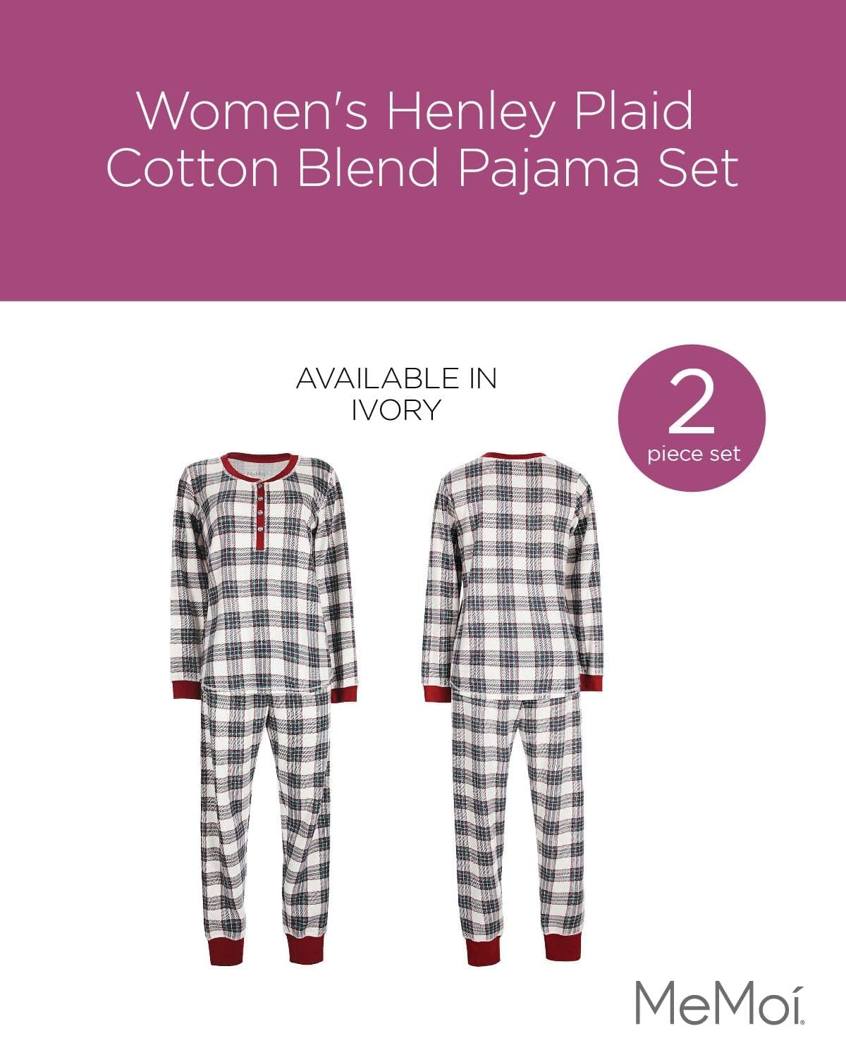 MeMoi Women's Soft Plaid Cotton Blend Henley Pajama Set - Comfortable Sleepwear for Lounge & Nighttime Relaxation