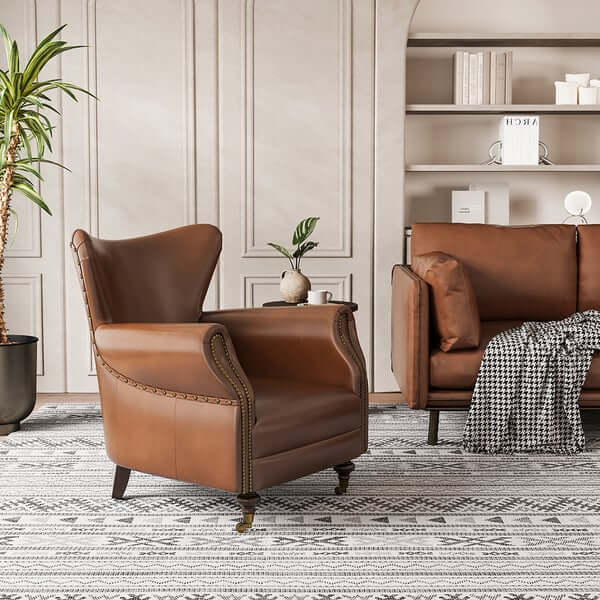 Midcentury Modern Brown Leather Accent Chair - Solid Wood Frame, Comfortable Upholstered Lounge Chair for Living Room, Bedroom, or Office Decor