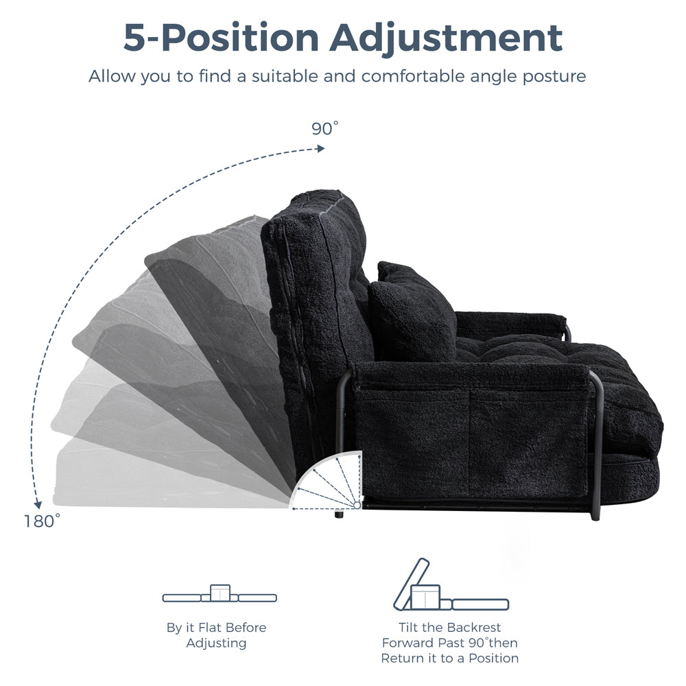 MAXYOYO Adjustable Floor Sofa Couch with Pillow - Boucle Convertible Lazy Sofa Sleeper Bed with Armrest - Single Size in Black - Perfect for Small Spaces, Living Rooms & Guest Beds