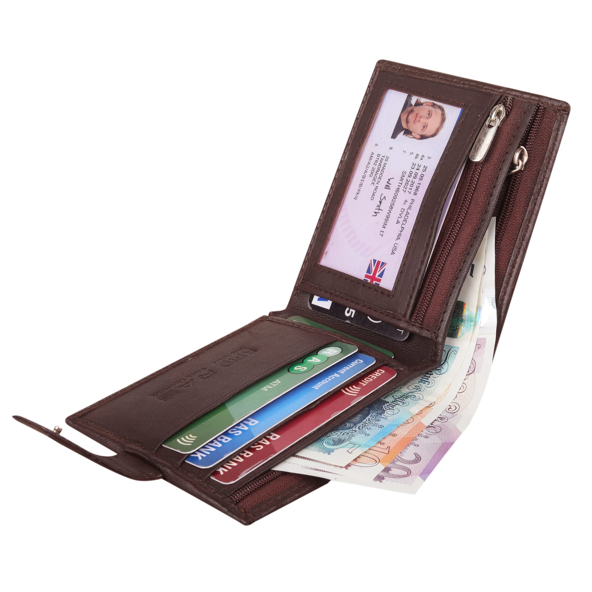 Genuine Leather Bifold Wallet for Men with ID Window & 2 Zip Pockets - Premium Brown RFID Blocking Slim Wallet - Perfect for Everyday Carry, Travel & Business