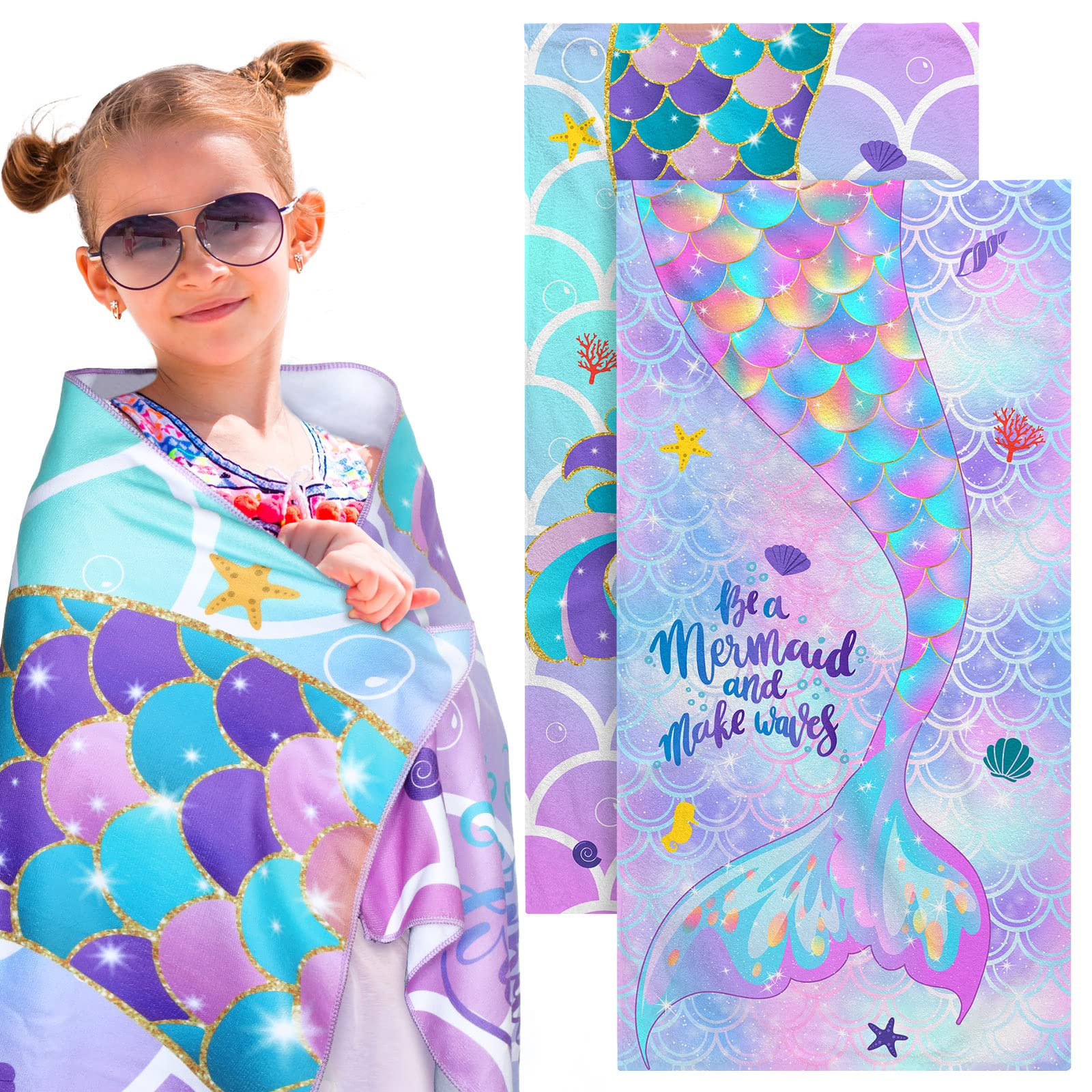 Yahenda 2 Pack Kids Mermaid Beach Towels - Quick Dry Swim & Bath Towels for Girls, 28 x 55 Inch - Perfect for Pool, Beach, Travel, Camping & Shower Use