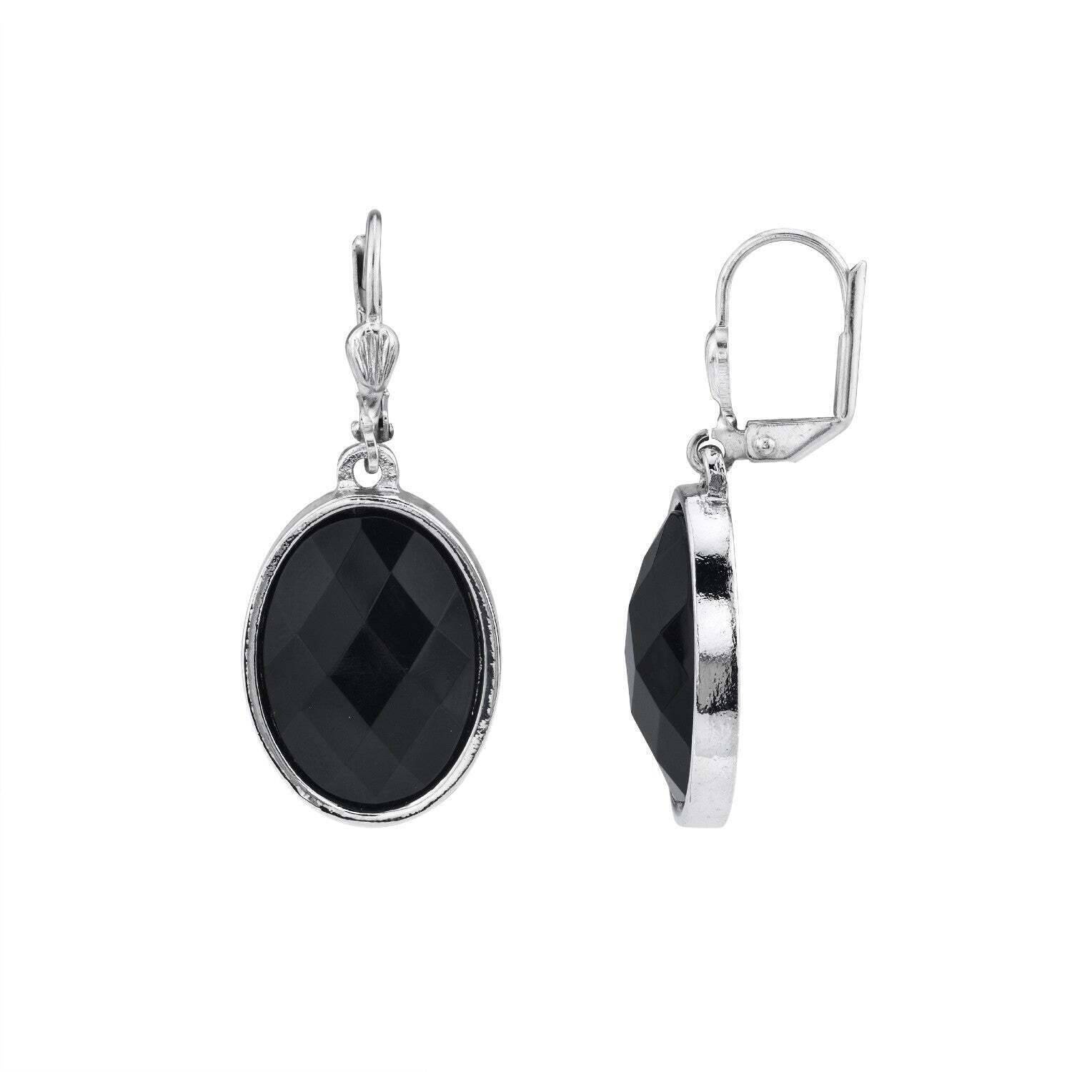 1928 Jewelry Black Oval Faceted Leverback Earrings for Women - Vintage Style Dangle Earrings for Party, Wedding & Evening Wear