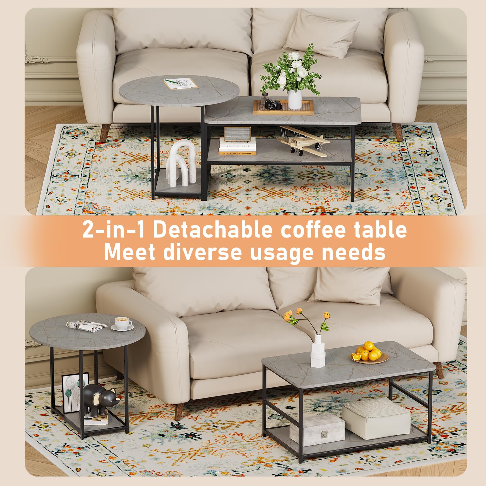 Modern WOHOMO Coffee Table with Storage - 2-in-1 Detachable Marble Top Living Room Center Table (Grey) - Perfect for Small Spaces, Apartments & Contemporary Home Decor
