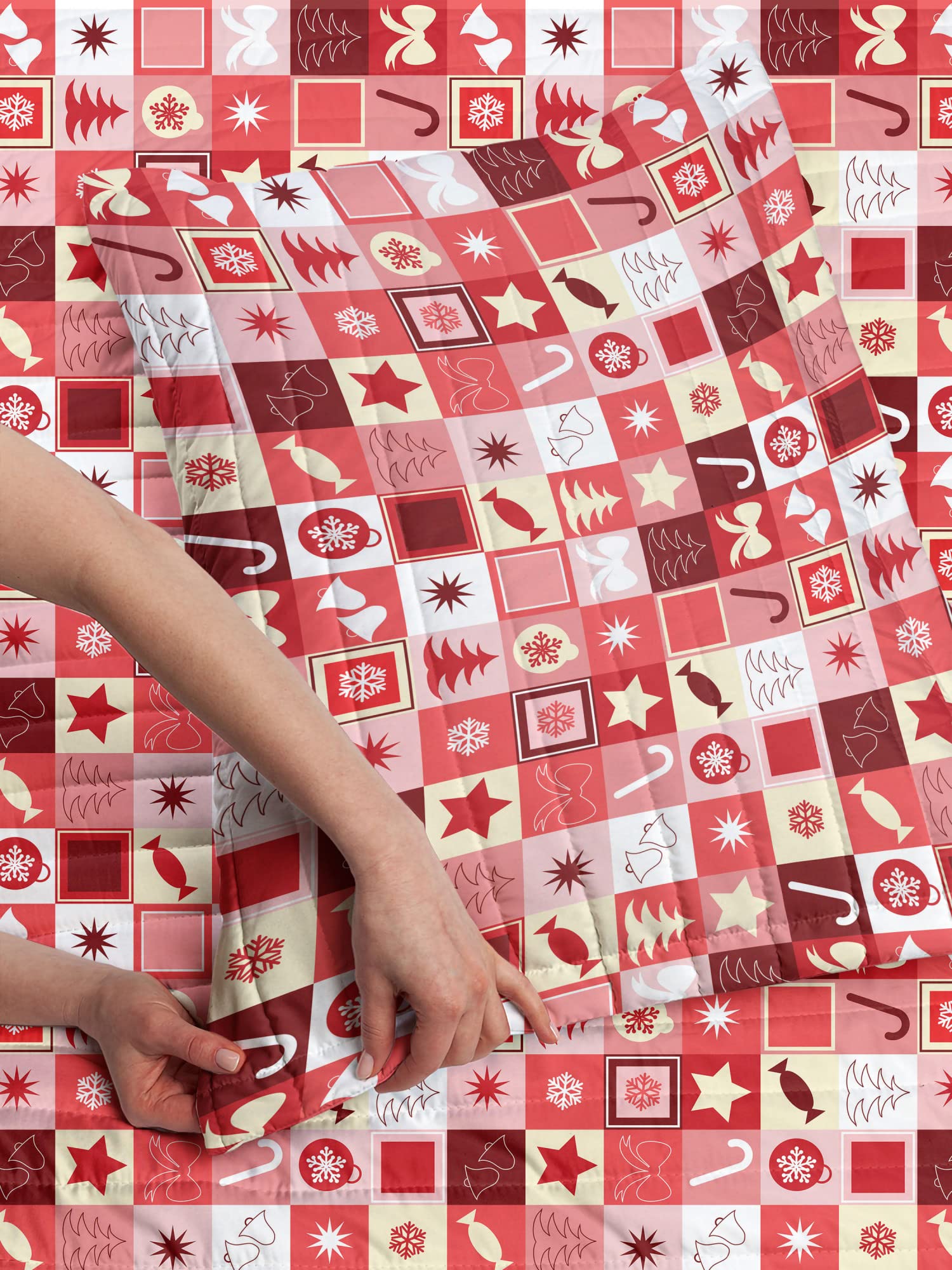 Ambesonne Christmas Microfiber Bedspread Set - Xmas Candy Cones Stars Ribbons Hand Bells Pines Ornaments in Boxes - Soft Twin Size Bedding Set with Pillow Sham & Comforter in Ruby Red White - Perfect for Holiday Bedroom Decor & Cozy Winter Nights