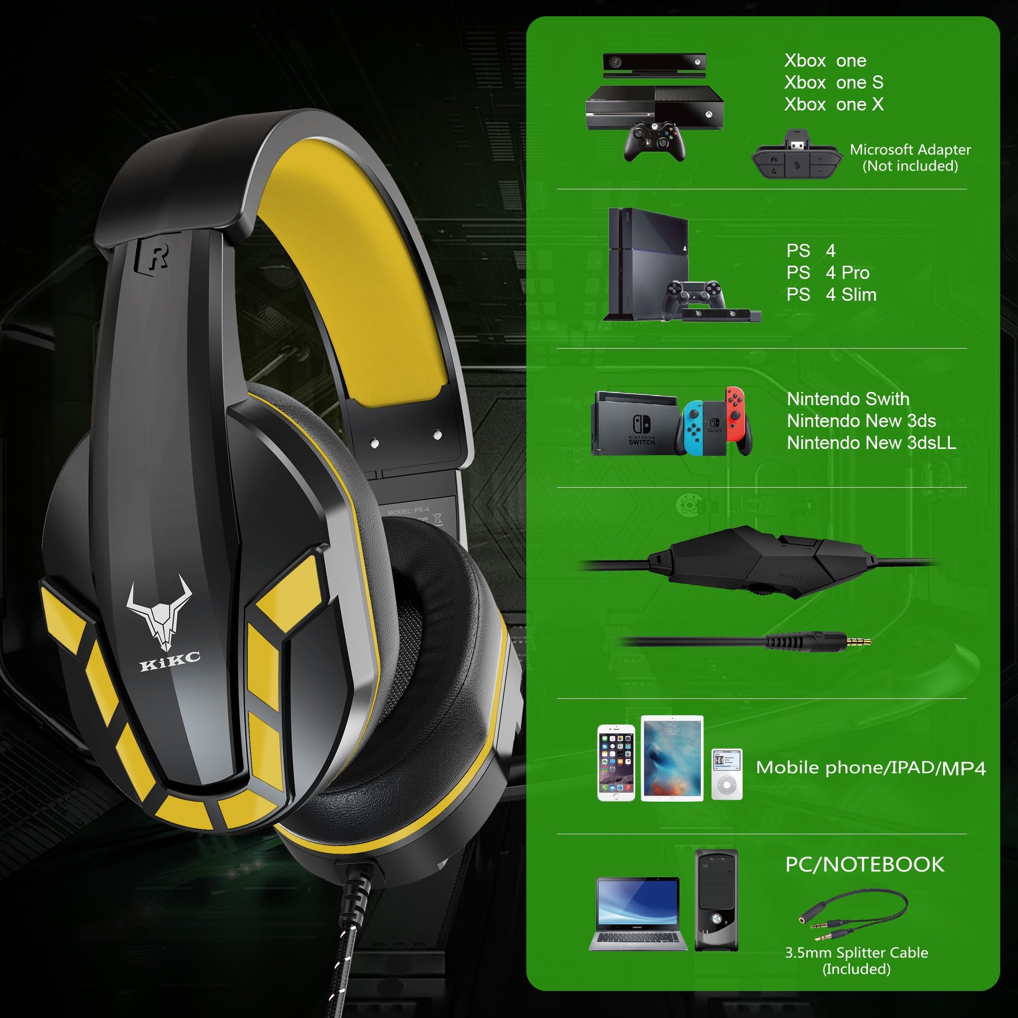 Kikc PS4 Gaming Headset with Microphone - Compatible with Xbox One, PS5, PC, Mobile & Laptop - Adjustable Volume Control & Soft Earmuffs for Kids (Yellow) - Perfect for Online Gaming, Streaming & Virtual Classrooms