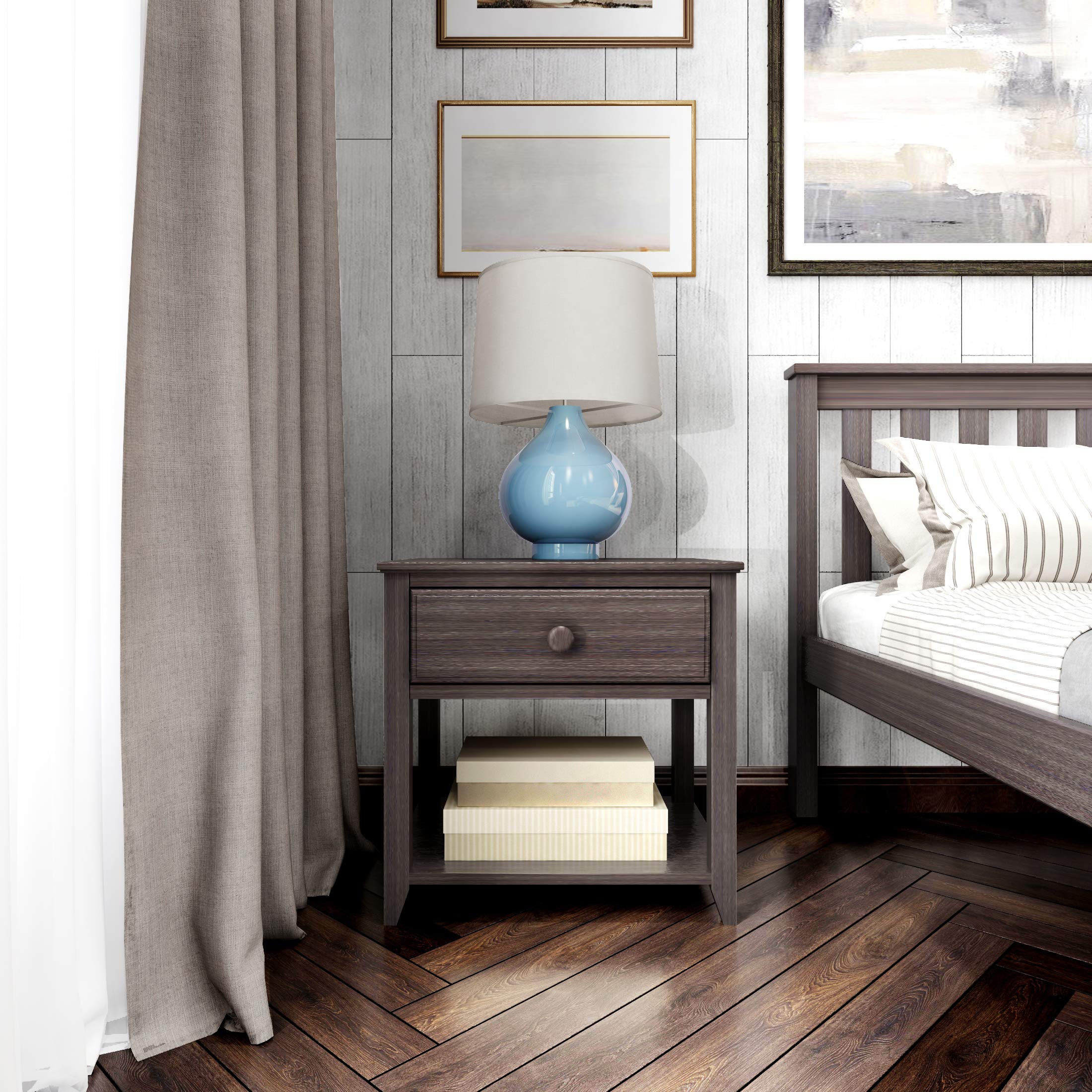 Plank+Beam Nightstand with Drawer and Shelf - Modern Clay Finish Bedside Table for Bedroom, Living Room & Guest Room - Compact Storage End Table with Open Shelf & Spacious Drawer