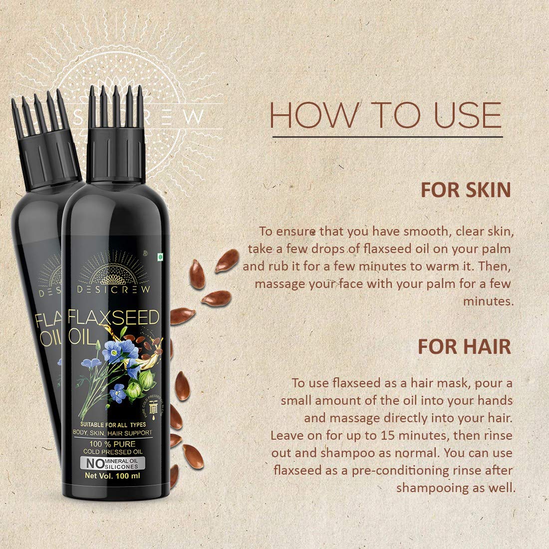Desi Crew 100% Pure Cold Pressed Flaxseed Hair Oil with Comb Applicator - No Mineral Oil & Silicones - Natural Hair Growth & Scalp Treatment - 100mL (Pack of 2) for Dry, Damaged Hair & Skin Care - Perfect for Daily Nourishment & Styling