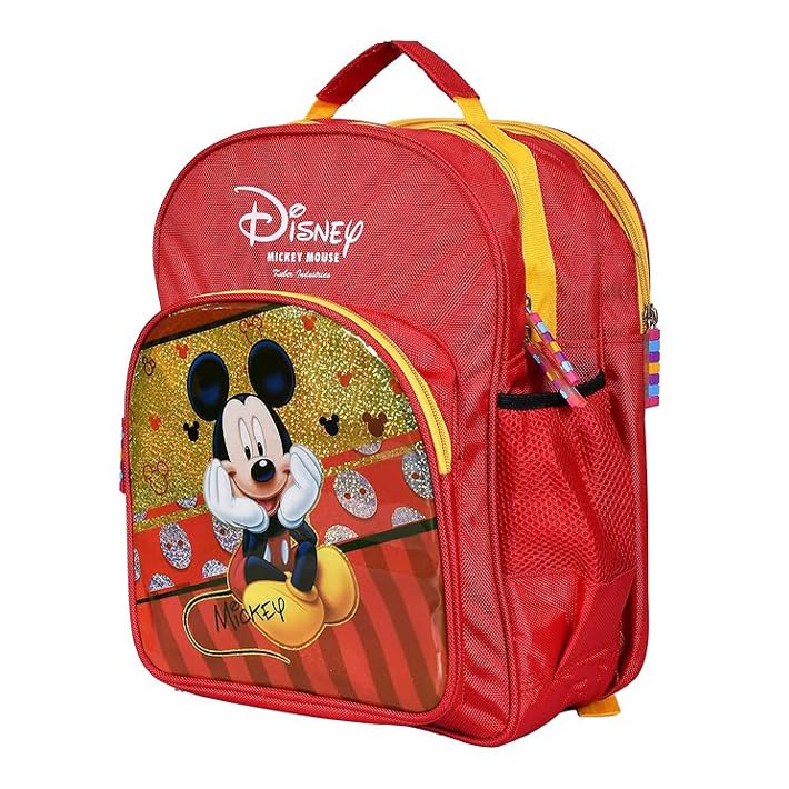 Kuber Industries Disney Mickey Mouse Kids School Backpack - 3 Compartment Book Bag for Boys & Girls - Durable Student Backpack for Elementary School, Travel & Daily Use - Red