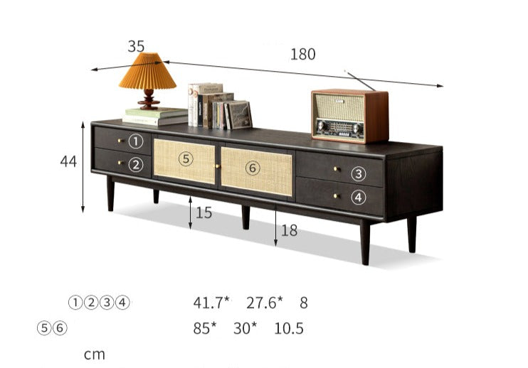 Solid Oak Wood Rattan TV Stand with 4 Drawers - Smoked Finish for Living Room, Bedroom & Home Theater Storage