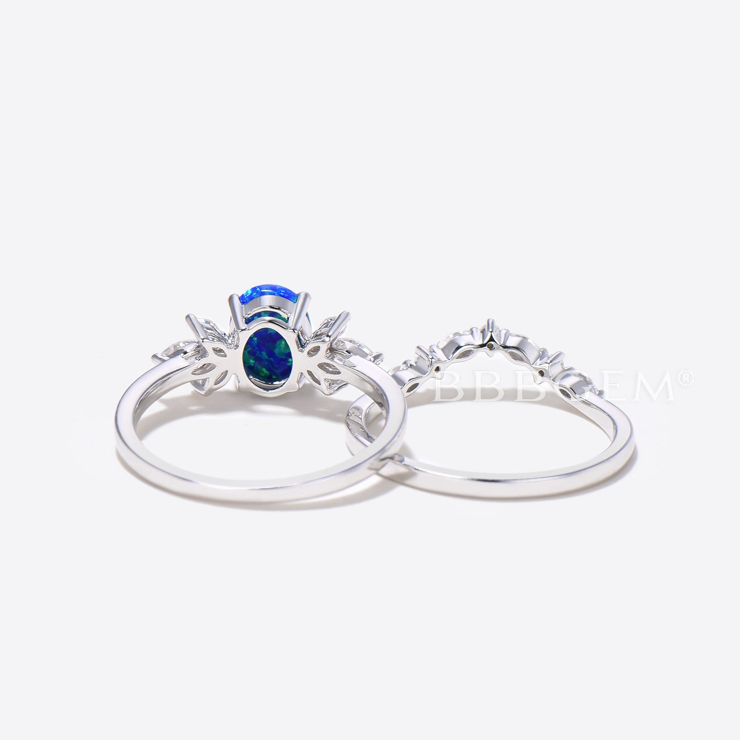 Oval Blue Opal Engagement Ring Set - 7 Stone Diamond Wedding Band for Women - Perfect for Proposals, Anniversaries & Bridal Jewelry