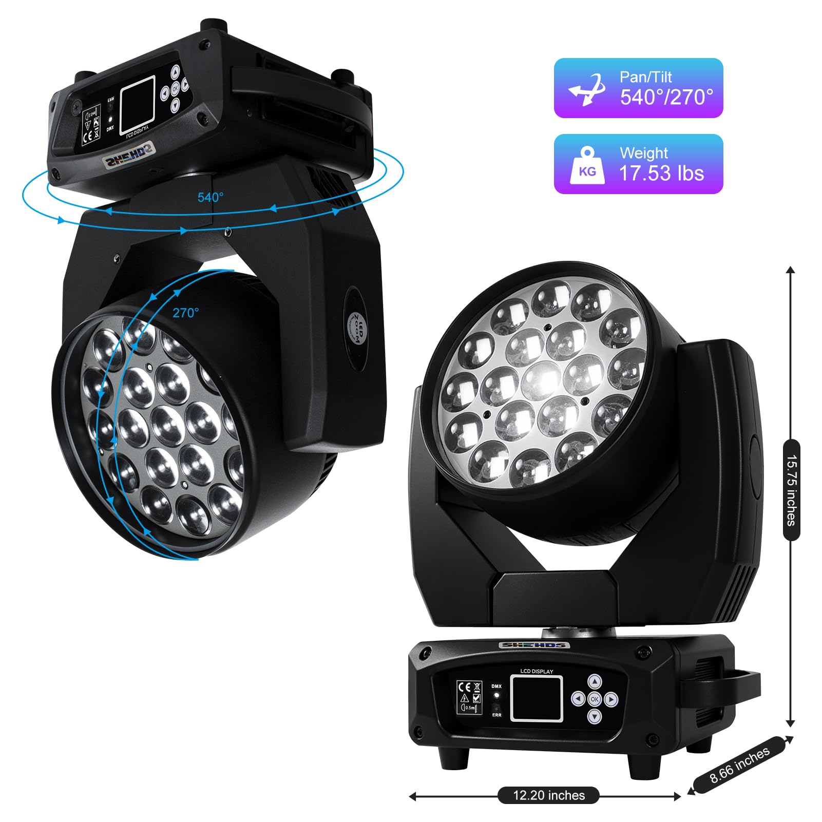 SHEHDS 19x15W RGBW 4-in-1 Moving Head LED Light - Beam/Wash/Zoom Effects, DMX512 & Sound Control for DJ Stage Lighting - Perfect for Parties, Weddings, Nightclubs & Professional Events (1 Pack)
