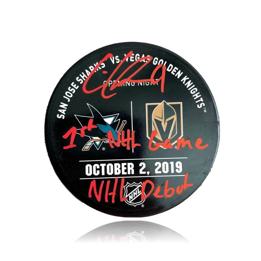 Cody Glass Autographed 1st NHL Game & Debut Game Used Warm Up Puck vs Sharks - BAS COA Certified - Vegas Golden Knights Memorabilia - Perfect for Hockey Fans & Sports Collectors - Great Gift for NHL Enthusiasts & Display in Man Caves