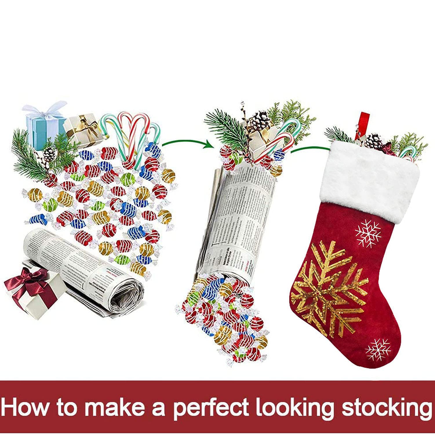 4-Pack Gold Sequins Burgundy Red Velvet Christmas Stockings Set with Snowflake Reindeer Holders - 18 Inch Holiday Decor for Fireplace Mantel, Xmas Tree, Gift Bags & Festive Home Decorations