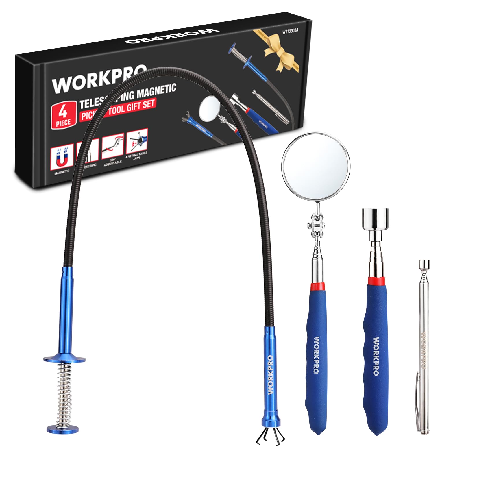 WORKPRO 4-Piece Telescoping Magnetic Pick Up Tool Set with Inspection Mirror & 4-Claw Grabber - Auto Repair, DIY, Home Maintenance & Hard-to-Reach Object Retrieval Tools