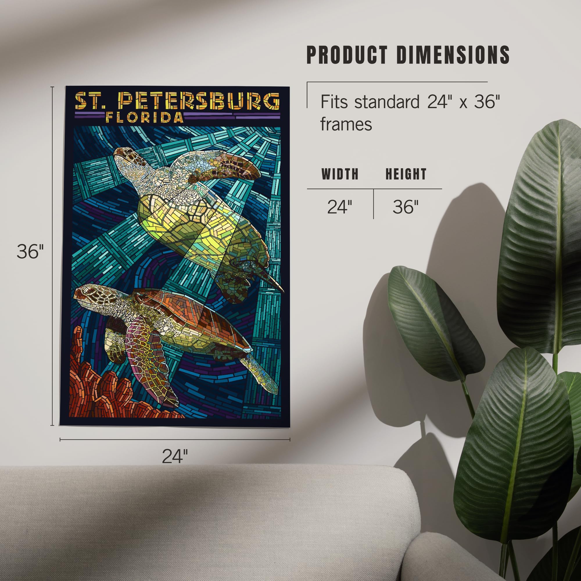 Lantern Press 24x36 Inch Giclee Art Print - St. Petersburg Florida Sea Turtle Mosaic Wall Decor | Perfect for Beach House, Coastal Living Room & Ocean-Themed Bedroom Decor
